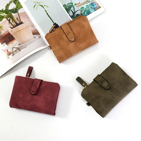 Women Frosted PU Leather Short Wallet With Wrist Strap Vintage Matte Solid Color Snap Closure Multi Card Slot Coin Purse