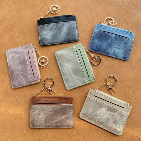 Women's Slim PU Leather Card Holder Wallet With Zipper Coin Purse And Keyring Retro Washed Texture Portable Card Case