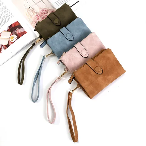 Women Frosted PU Leather Short Wallet With Wrist Strap Vintage Matte Solid Color Snap Closure Multi Card Slot Coin Purse