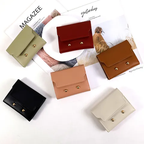 Minimalist PU Leather Women Small Wallet Contrast Stitching Rivet Decor Compact 3-Fold Mini Coin Purse Card Slot Cardholder