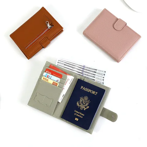 Women Travel Passport Holder PU Leather Multi-Functional Document Organizer Lychee Pattern RFID Blocking Card Wallet Case