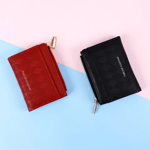 Portafoglio Minimalista da Donna in Pelle PU Trapuntata a Rombi Portamonete con Zip Porta Carte Pochette Bifold Corta