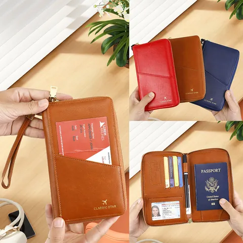 RFID Blocking Passport Holder PU Leather Large Capacity Travel Wallet With Wrist Strap Organizer For Passport Ticket ID Card