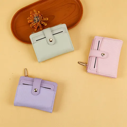 Macaron Color Women Short Folding Wallet PU Leather Striped Multi Card Slot Zipper Coin Purse Minimalist Lady Small Wallet