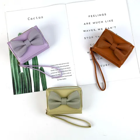 Women's Bowknot Short Trifold Wallet PU Leather Coin Purse With Wristlet Zipper Card Holder Fashion Elegant Handbag