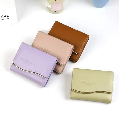 Minimalista Donna Piccolo Portafoglio in Pelle PU Tri-Fold Con Bordo in Metallo Ondulato Elegante Multi Slot per Carte Portamonete Corto