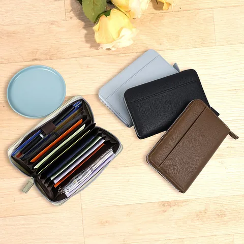 Large Capacity PU Leather Accordion Long Wallet For Women Travel Passport Document Organizer Minimalist Zipper Handbag With Wristlet