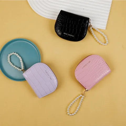 Damen Krokodilmuster PU Leder Münzbeutel Elegantes Mini Portemonnaie Mit Künstliche Perlen Griff Strap Zip Around Kartenhalter Tasche