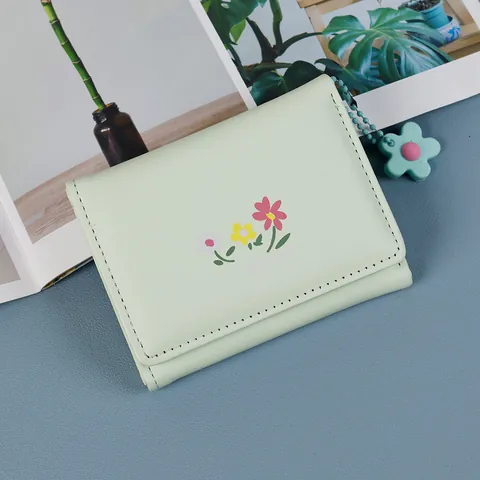 Korean Style Fresh Sweet Small Floral Print Women Short 3 Fold Wallet PU Leather Multiple Card Slots Flower Pendant Purse