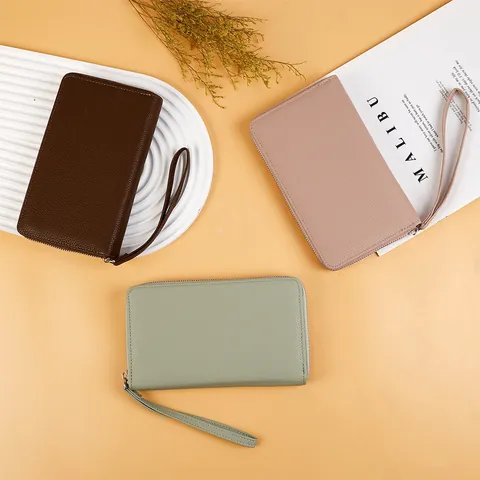 Portafoglio Lungo da Donna in Pelle PU con Trama Litchi Porta Passaporto Grande Capacità Pochette con Cinturino da Polso Viaggio Minimalista