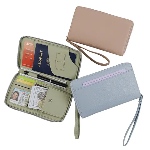 Portafoglio Lungo da Donna in Pelle PU con Trama Litchi Porta Passaporto Grande Capacità Pochette con Cinturino da Polso Viaggio Minimalista