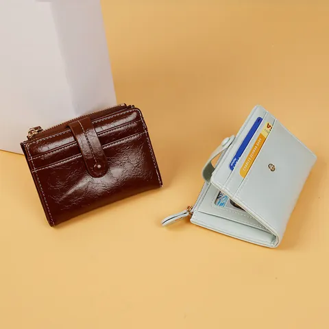 Vintage Cracked Texture PU Leather Short Bifold Wallet For Women Multiple Card Slots Zipper Coin Purse Small Snap Closure Purse