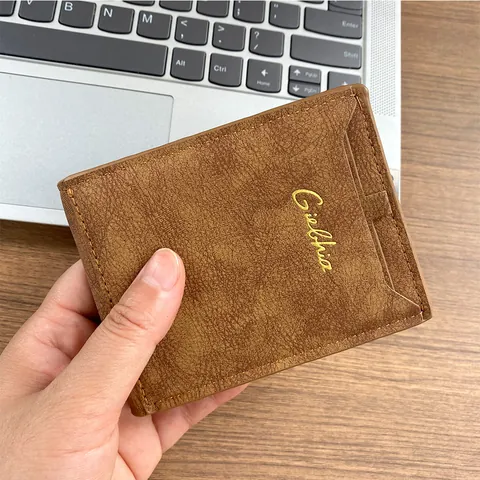 Portefeuille Bifold en Cuir PU Vintage Pour Hommes Avec Lettres Dorées Texture Givrée Mince Multi-Emplacements Pour Cartes Business