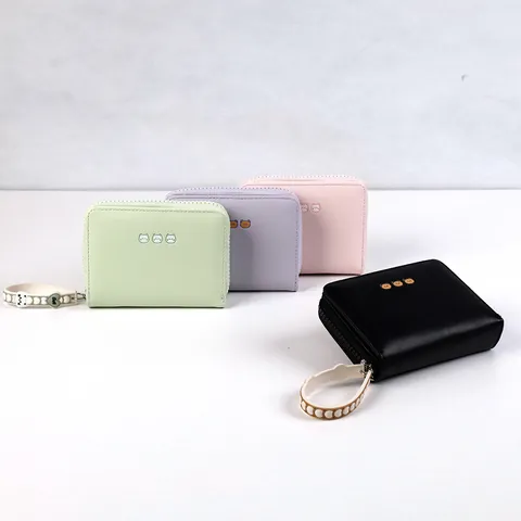 Cute Cartoon Bear Women Small Wallet PU Leather Zipper Coin Purse Multi Card Slots Mini Square Wallet With Hand Strap
