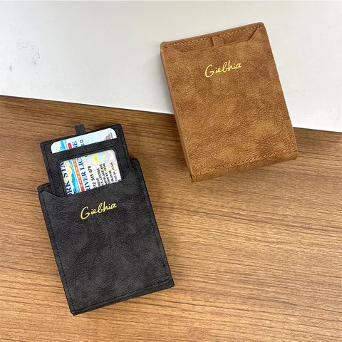 Portefeuille Bifold en Cuir PU Vintage Pour Hommes Avec Lettres Dorées Texture Givrée Mince Multi-Emplacements Pour Cartes Business