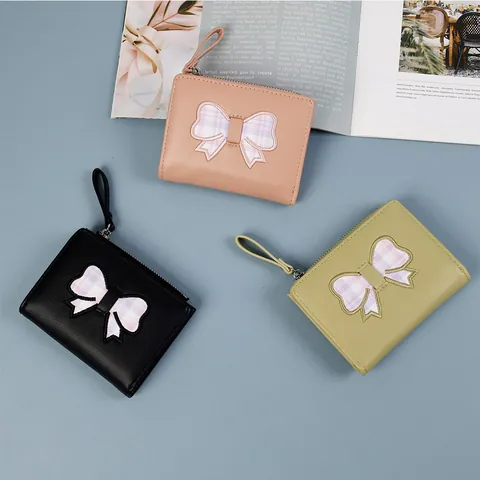 Koreanischer Stil Schleife Zweifach Gefaltete Geldbörse Süße PU-Leder Kurze Brieftasche Mit Reißverschluss Für Damen Mädchen Karomuster Münzbeutel Geschenk