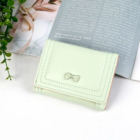Women Mini Tri-fold Wallet PU Leather Cute Bow Macaron Color Short Purse For Credit Cards Cash Daily Sweet Style Pocket Wallet
