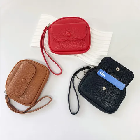 Portamonete da Donna in Pelle PU con Trama Litchi Mini Portafoglio con Cinturino da Polso e Anello Portachiavi in Metallo Minimalista