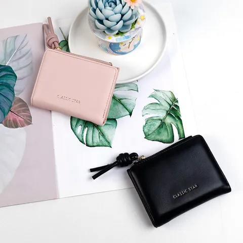 Women's Minimalist PU Leather Short Zip Wallet With Knot Tassel Pendant Classic Star Print Card Holder Coin Purse Fashion