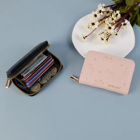 Cartera Corta de Cuero PU Con Patrón de Gato Lindo para Mujeres Niñas Mini Tarjetero Monedero Pequeña Bolsa de Dinero Con Múltiples Ranuras