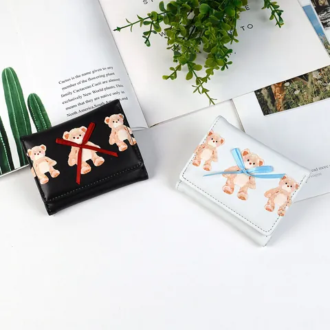 Cute Teddy Bear Print Women's PU Leather 3-Fold Wallet Kawaii Small Coin Purse With Ribbon Bowknot Decoration Mini Card Holder For Girls