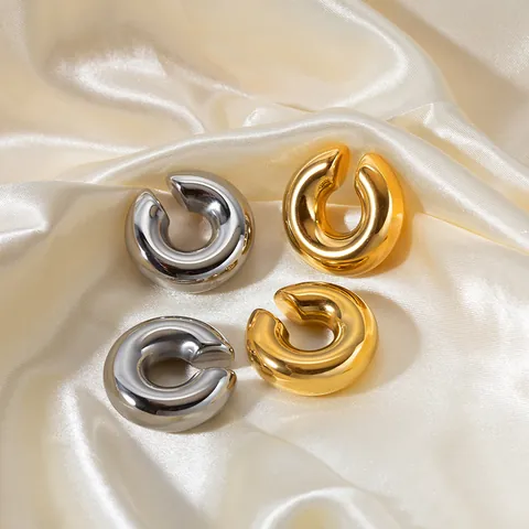 18K Gold Plated Stainless Steel Chunky C-Shape Ear Cuffs For Women High Polished Non-Piercing Clip On Earrings Jewelry
