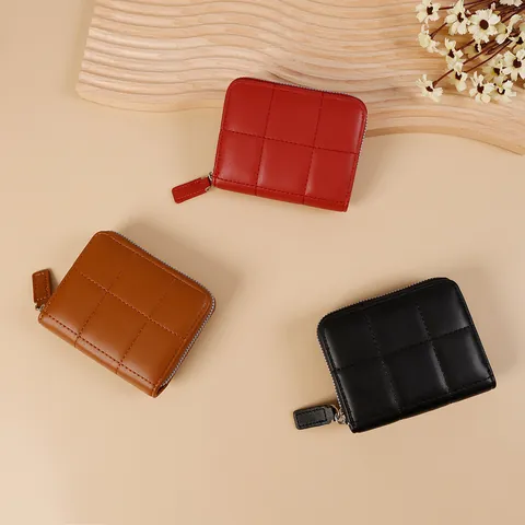 Women Small Quilted Square Wallet Short Zip Around PU Leather Card Holder Coin Purse Compact Minimalist Casual Daily Handbag