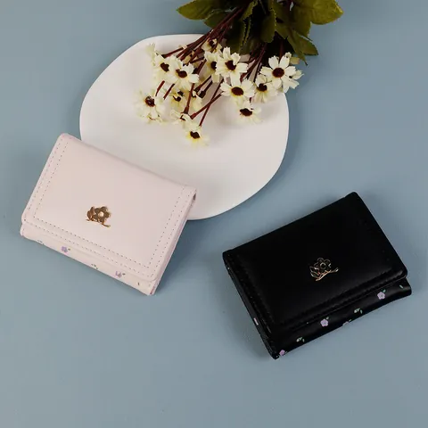 Women's Small Three-fold Wallet Sweet Floral PU Leather Short Purse Portable Card Holder Multi-functional Pocket Money Clip