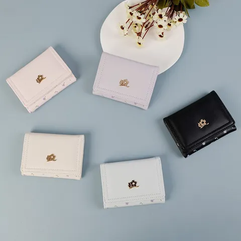 Women's Small Three-fold Wallet Sweet Floral PU Leather Short Purse Portable Card Holder Multi-functional Pocket Money Clip
