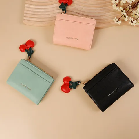 Women Small Short Wallet Litchi Grain PU Leather Bifold Card Holder With Cute Cherry Pendant Zipper Coin Purse Ladies Bag