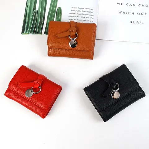 Elegant Women Short Trifold Wallet Litchi Grain PU Leather Card Holder Purse With Fashion Knot Decor Metal Pendant