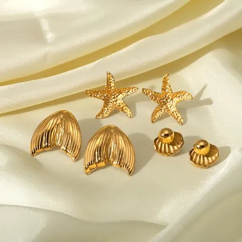 Vintage 18K Gold Plated Stainless Steel Stud Earrings For Women Starfish Shell Mermaid Fish Tail Ocean Vacation Jewelry