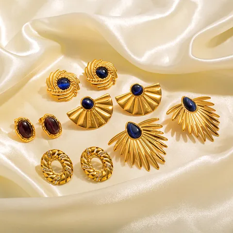 Vintage Stainless Steel 18K Gold Plated Stud Earrings For Women Palace Style Fan Shape Oval Gemstone Inlaid Jewelry
