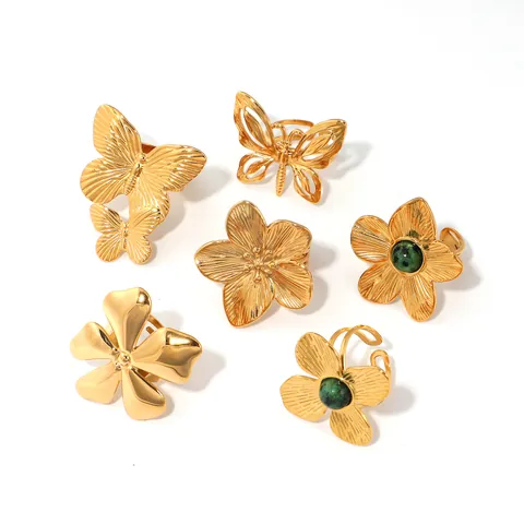 Vintage 18K Gold Plated Stainless Steel Open Ring For Women Butterfly Flower Turquoise Inlaid Adjustable Finger Jewelry