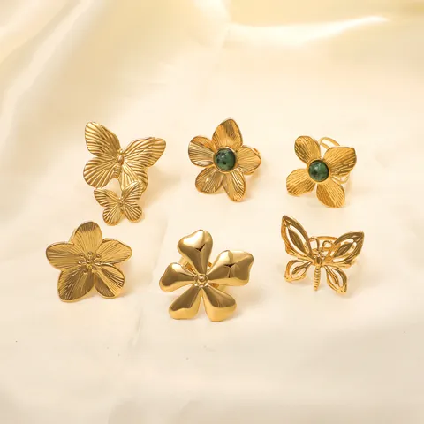 Vintage 18K Gold Plated Stainless Steel Open Ring For Women Butterfly Flower Turquoise Inlaid Adjustable Finger Jewelry