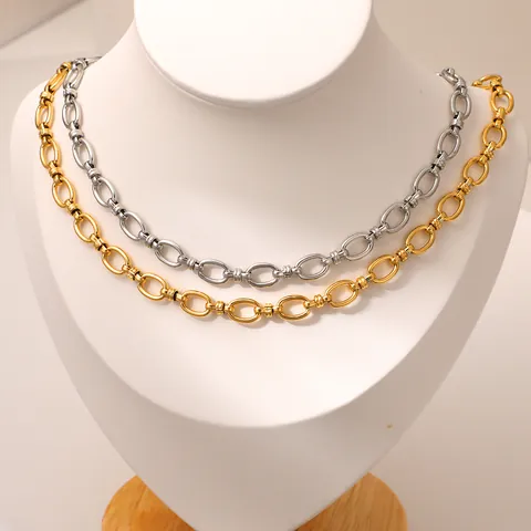 Stainless Steel Splicing Link Chain Necklace Bracelet Set Vintage Geometric Choker Gold Silver Plated Jewelry For Women Girls Gift