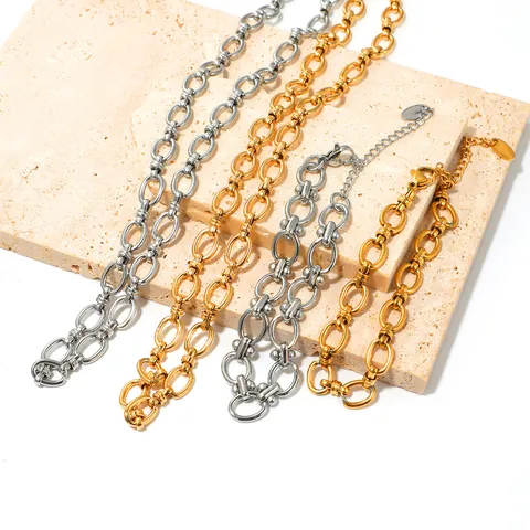 Stainless Steel Splicing Link Chain Necklace Bracelet Set Vintage Geometric Choker Gold Silver Plated Jewelry For Women Girls Gift