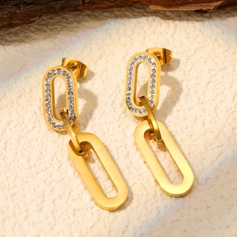 Vintage Stainless Steel Interlocking Oval Ring Drop Earrings With Zirconia Gold Silver Plated Geometric Jewelry For Women