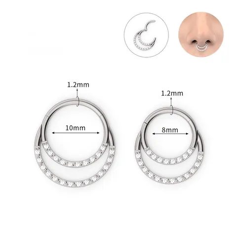 Double Layer Stainless Steel Nose Ring Zirconia Inlaid Septum Clicker Hinged Segment Ring Punk Body Piercing Jewelry Unisex