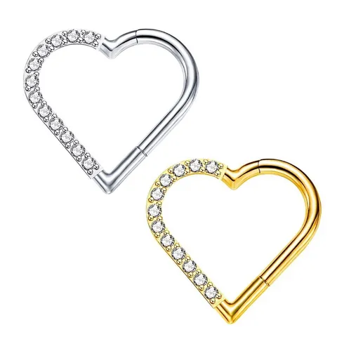 316L Stainless Steel Heart Shaped Clicker Ring With Rhinestone 16G Hinged Nose Ring Earring Body Piercing Jewelry For Women