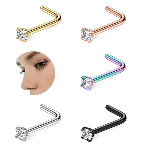 316L Stainless Steel Nose Stud L-Shape Screw Straight Post Clear Zirconia Piercing Jewelry For Men Women Gold Silver Rose Gold