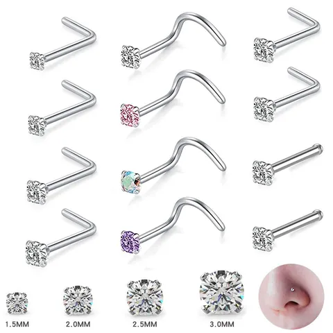316L Stainless Steel Nose Stud L-Shape Screw Straight Post Clear Zirconia Piercing Jewelry For Men Women Gold Silver Rose Gold