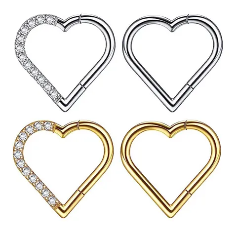 316L Stainless Steel Heart Shaped Clicker Ring With Rhinestone 16G Hinged Nose Ring Earring Body Piercing Jewelry For Women