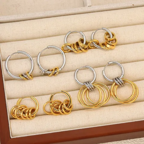 Pendientes de Aro de Varias Capas de Acero Inoxidable Chapado en Oro 18K de Color Mixto para Mujer Joyería Retro