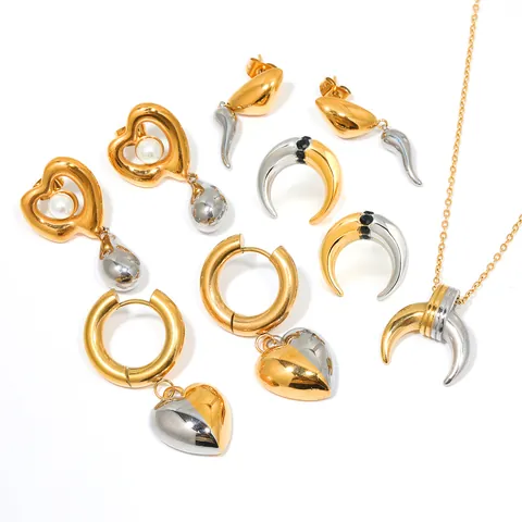 18K Gold Plated Stainless Steel Two Tone Heart Artificial Pearl Horn Crescent Hoop Drop Earrings Pendant Necklace Jewelry For Women