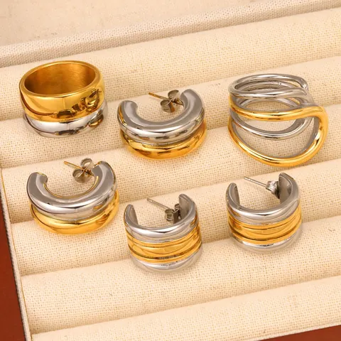 Vintage Stainless Steel 18K Gold Plated Mixed Color C-Shaped Striped Hoop Earrings And Wide Band Rings Jewelry For Women