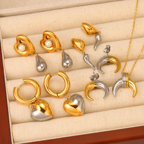 18K Gold Plated Stainless Steel Two Tone Heart Artificial Pearl Horn Crescent Hoop Drop Earrings Pendant Necklace Jewelry For Women