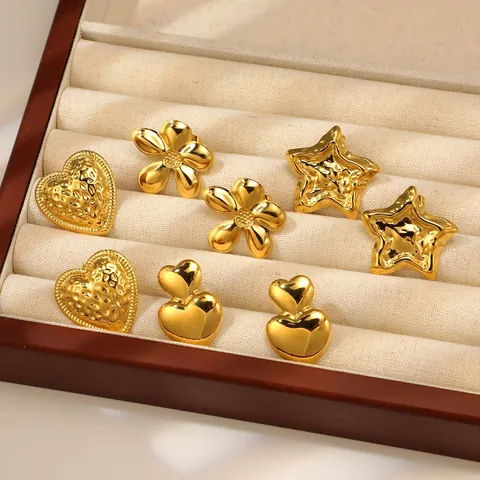 Vintage Stainless Steel 18K Gold Plated Stud Earrings Textured Hammered Heart Star Flower Pattern Fashion Jewelry For Women