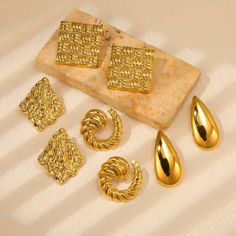 Vintage Stainless Steel 18K Gold Plated Earrings Geometric Woven Water Drop Wrinkled Texture Stud Earrings For Women Jewelry Gift