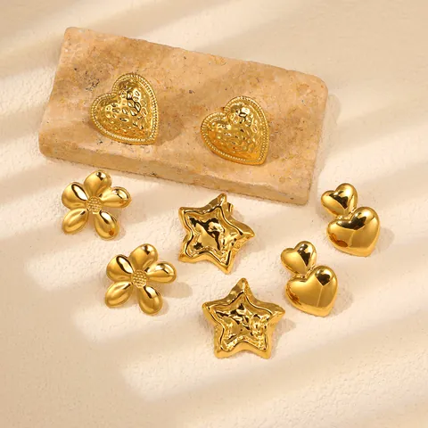 Vintage Stainless Steel 18K Gold Plated Stud Earrings Textured Hammered Heart Star Flower Pattern Fashion Jewelry For Women